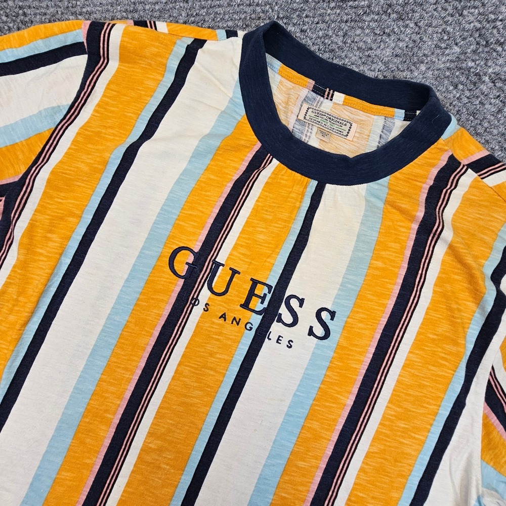 Guess Originals Mens XL Striped Short Sleeve T-Shirt Yellow Slub Knit Distressed